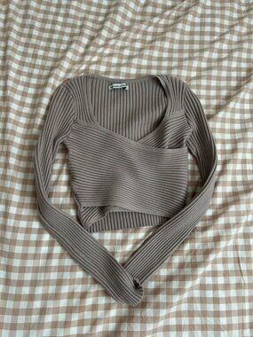 Taupe Ribbed Knit Wrap Crop Top